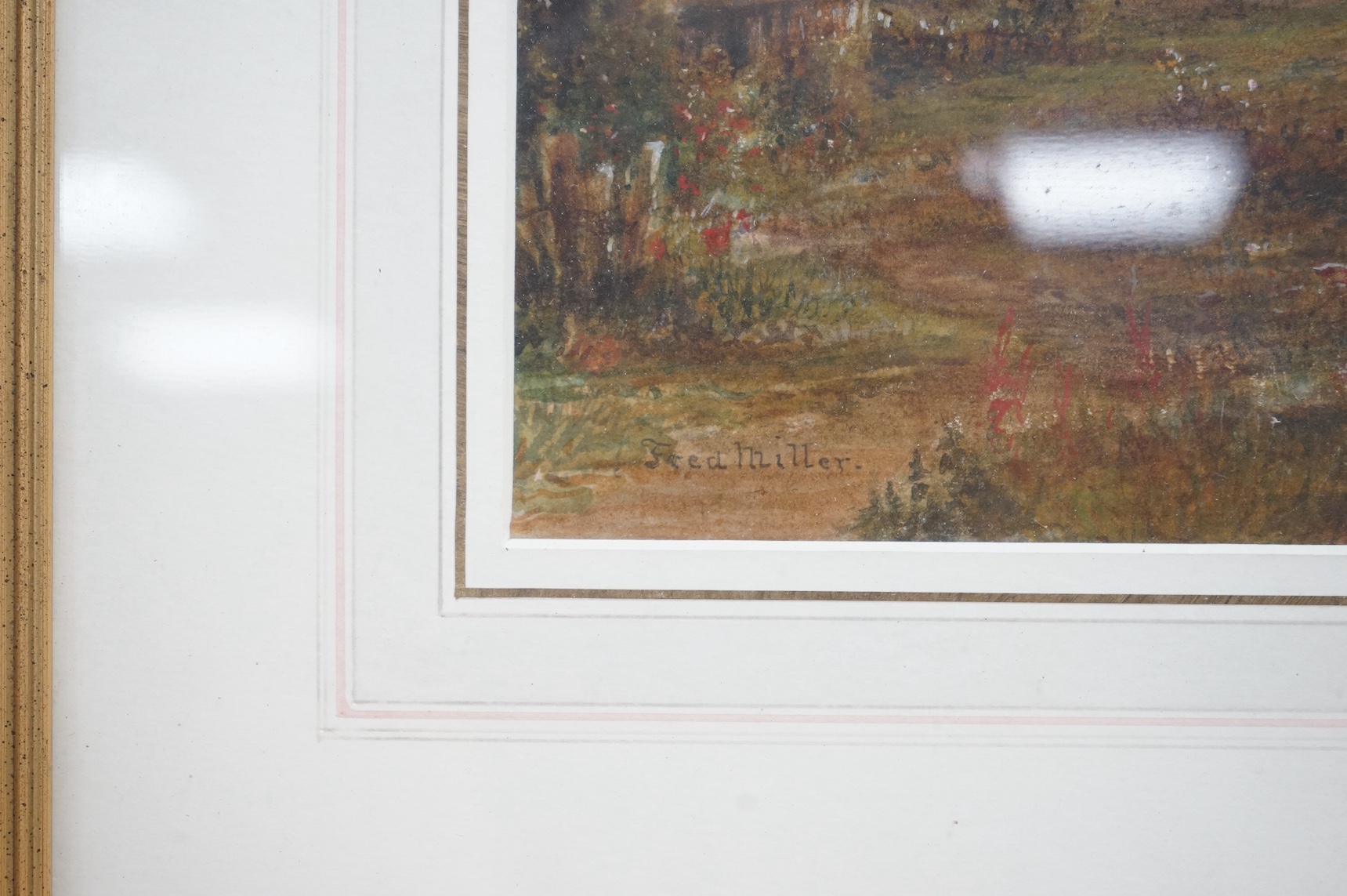 Fred Miller (1800-1892), watercolour, Allotment before a church, signed, 29 x 46cm. Condition - fair